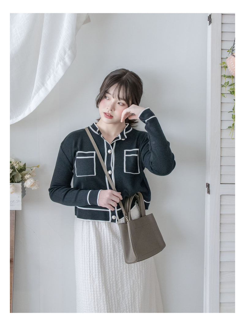 Coco Pearl Cardigan & Top 光澤珍珠鈕白黑滾邊外套或上衣 /TP9192