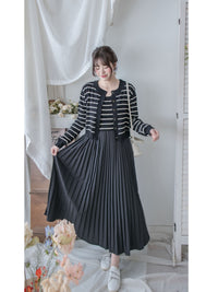 Stripe Dress Set 法式舒適防毛彈性線料外套及百褶連身裙/ SE8092 （pre-order)
