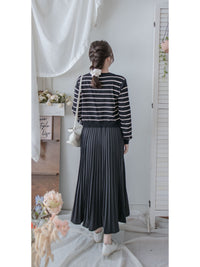 Stripe Dress Set 法式舒適防毛彈性線料外套及百褶連身裙/ SE8092 （pre-order)