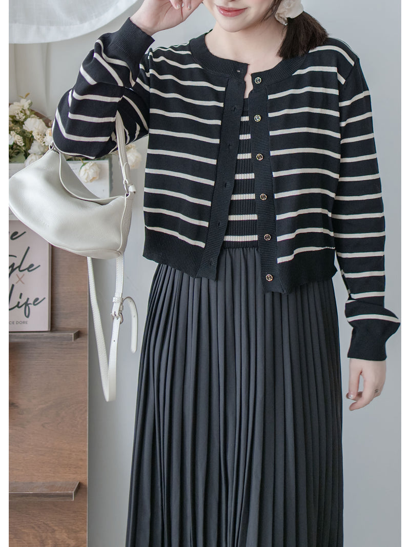 Stripe Dress Set 法式舒適防毛彈性線料外套及百褶連身裙/ SE8092 （pre-order)