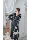 Stripe Dress Set 法式舒適防毛彈性線料外套及百褶連身裙/ SE8092 （pre-order)
