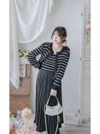 Stripe Dress Set 法式舒適防毛彈性線料外套及百褶連身裙/ SE8092 （pre-order)