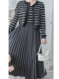Stripe Dress Set 法式舒適防毛彈性線料外套及百褶連身裙/ SE8092 （pre-order)