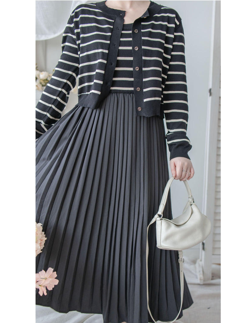 Stripe Dress Set 法式舒適防毛彈性線料外套及百褶連身裙/ SE8092 （pre-order)