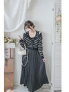 Stripe Dress Set 法式舒適防毛彈性線料外套及百褶連身裙/ SE8092 （pre-order)
