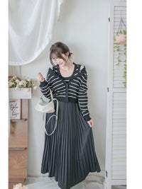 Stripe Dress Set 法式舒適防毛彈性線料外套及百褶連身裙/ SE8092 （pre-order)