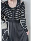 Stripe Dress Set 法式舒適防毛彈性線料外套及百褶連身裙/ SE8092 （pre-order)