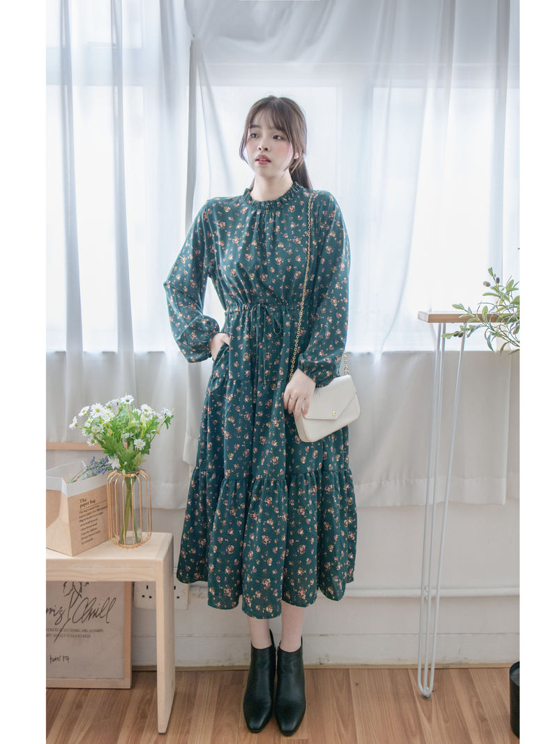 Lace Collar Floral Dress 細花邊圓領修腰印花連身裙/  DS1010