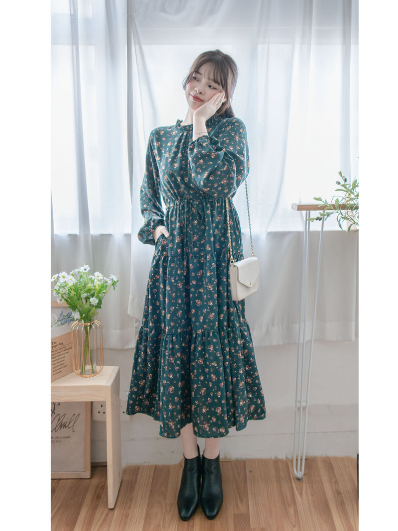 Lace Collar Floral Dress 細花邊圓領修腰印花連身裙/  DS1010