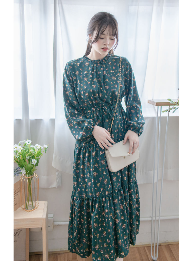 Lace Collar Floral Dress 細花邊圓領修腰印花連身裙/  DS1010