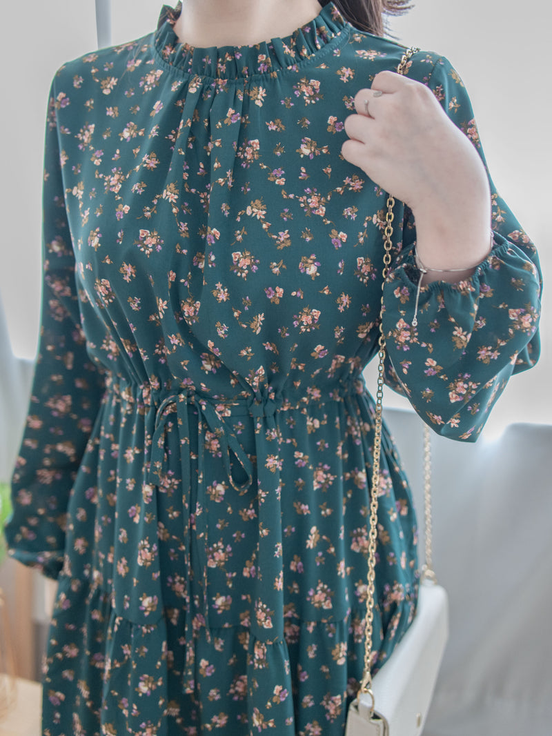 Lace Collar Floral Dress 細花邊圓領修腰印花連身裙/  DS1010