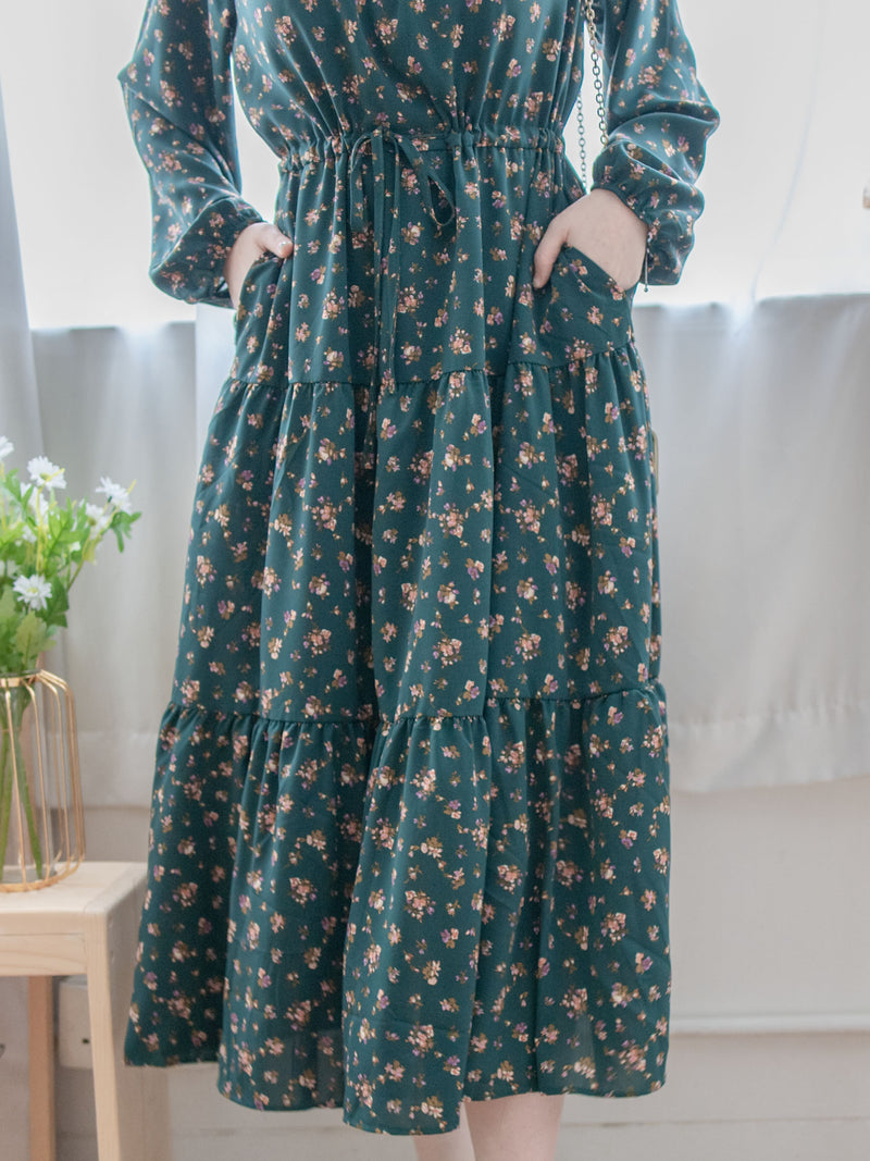 Lace Collar Floral Dress 細花邊圓領修腰印花連身裙/  DS1010