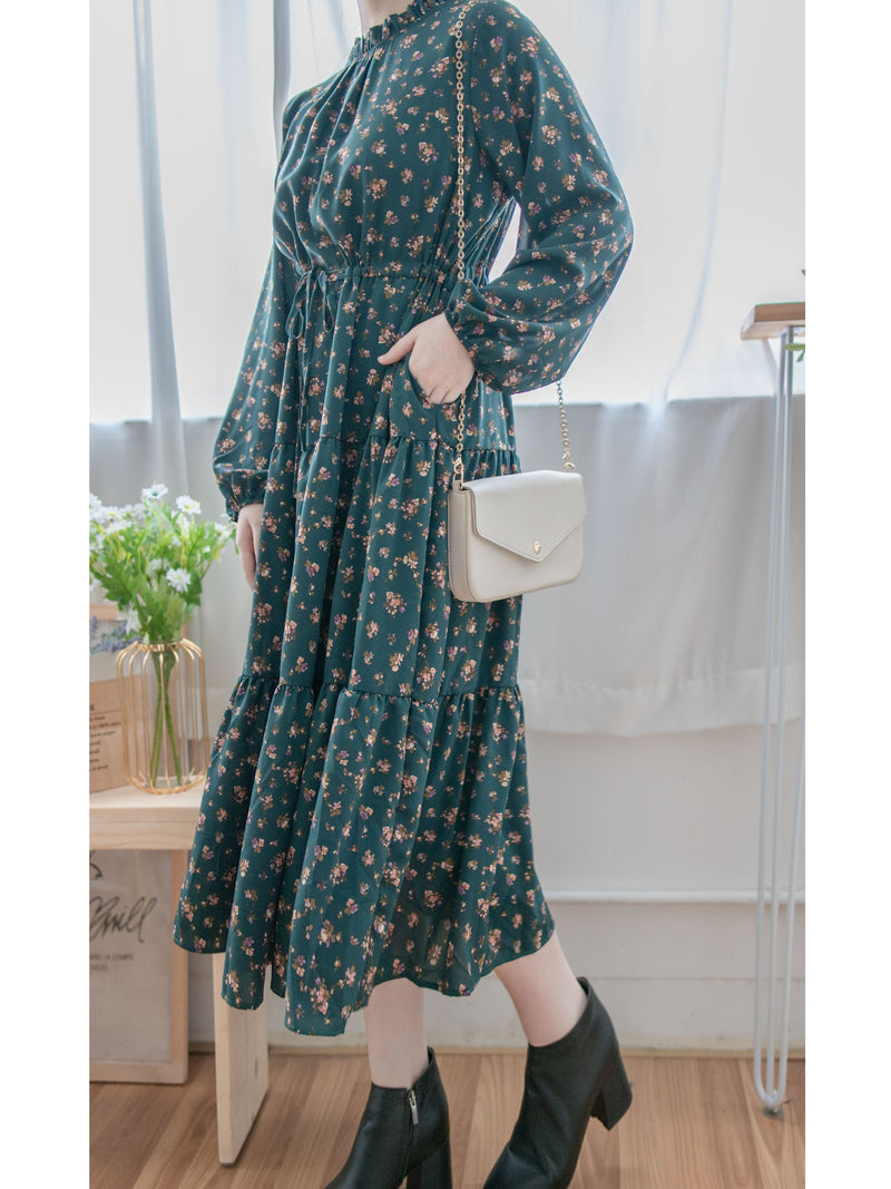 Lace Collar Floral Dress 細花邊圓領修腰印花連身裙/  DS1010