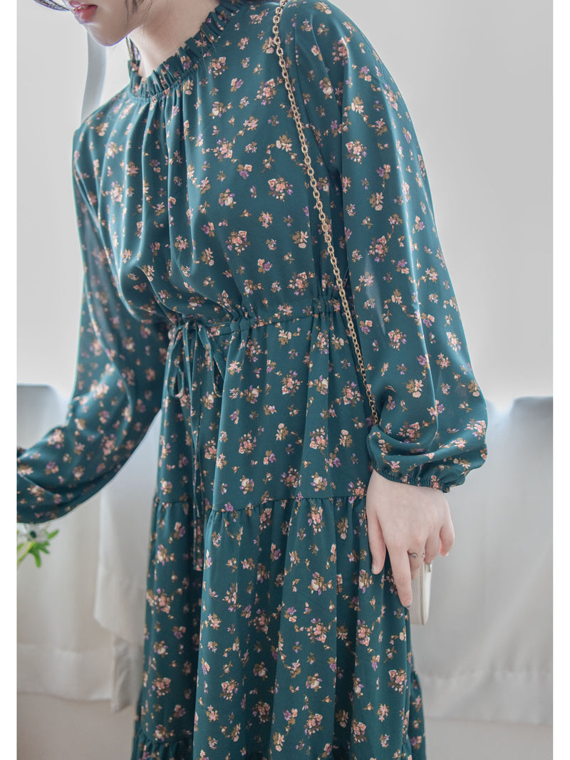 Lace Collar Floral Dress 細花邊圓領修腰印花連身裙/  DS1010