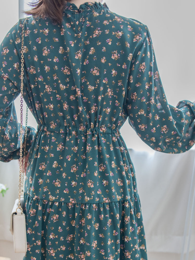 Lace Collar Floral Dress 細花邊圓領修腰印花連身裙/  DS1010