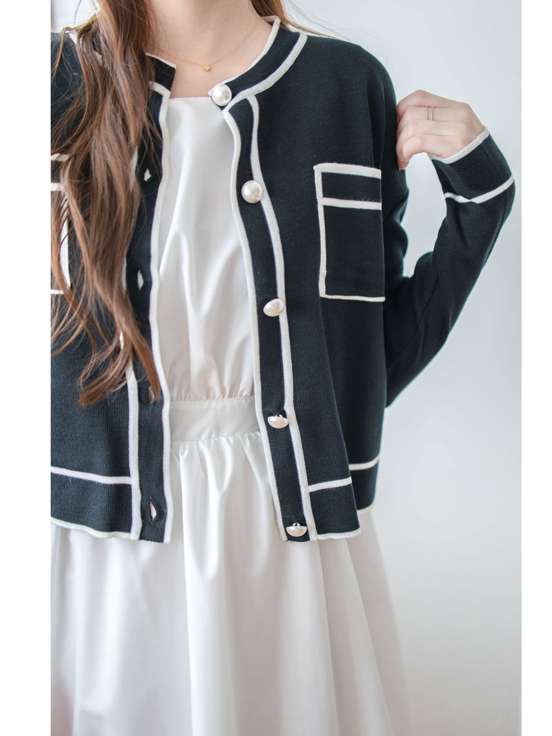 Coco Pearl Cardigan & Top 光澤珍珠鈕白黑滾邊外套或上衣 /TP9192