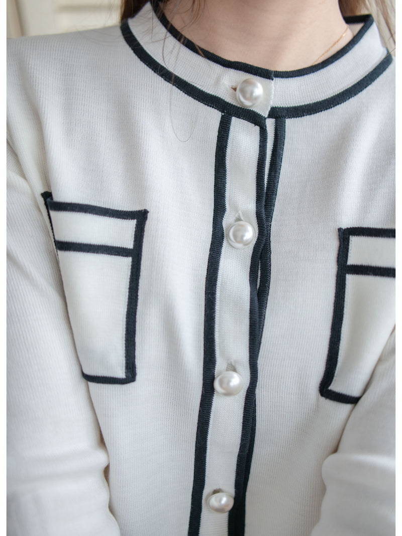 Coco Pearl Cardigan & Top 光澤珍珠鈕白黑滾邊外套或上衣 /TP9192