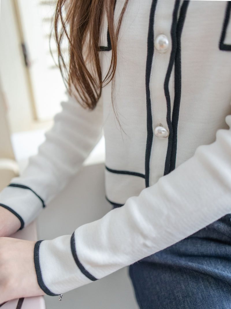 Coco Pearl Cardigan & Top 光澤珍珠鈕白黑滾邊外套或上衣 /TP9192