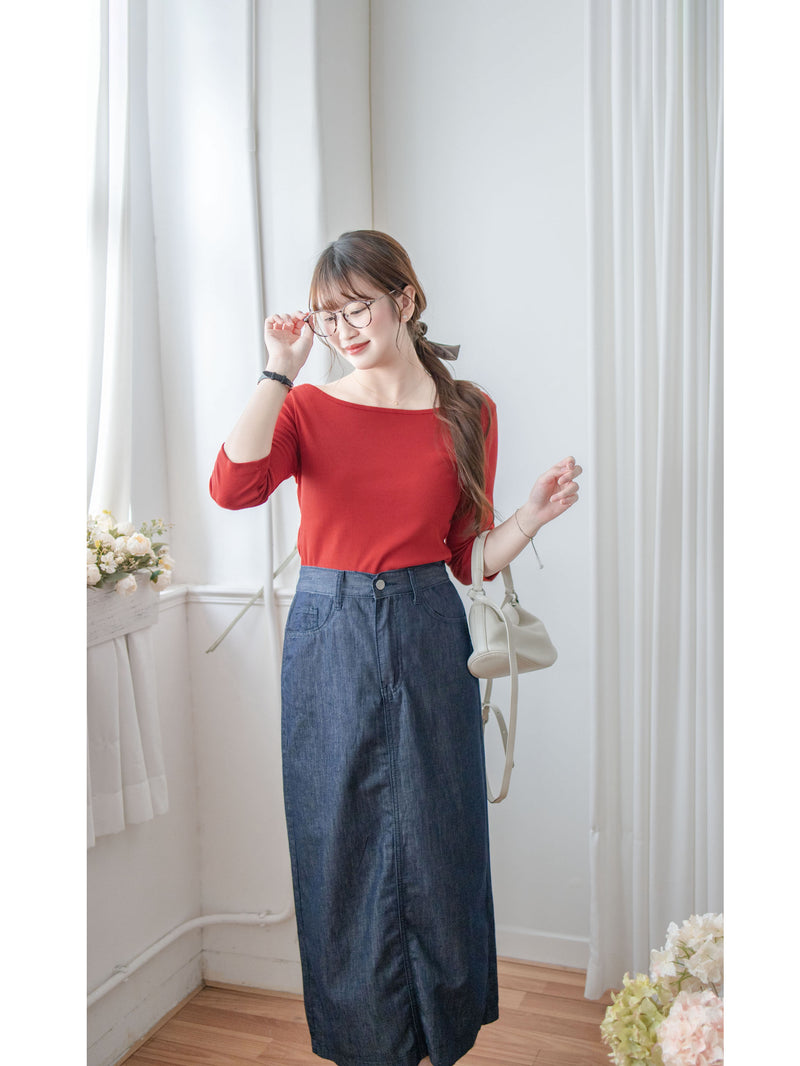 Boat Collar Tee 顯鎖骨闊船領弧形下擺修身百搭上衣/ TP9189