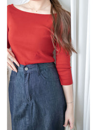 Boat Collar Tee 顯鎖骨闊船領弧形下擺修身百搭上衣/ TP9189