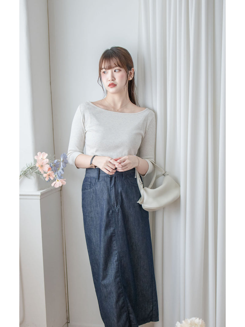 Boat Collar Tee 顯鎖骨闊船領弧形下擺修身百搭上衣/ TP9189