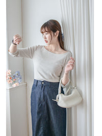 Boat Collar Tee 顯鎖骨闊船領弧形下擺修身百搭上衣/ TP9189