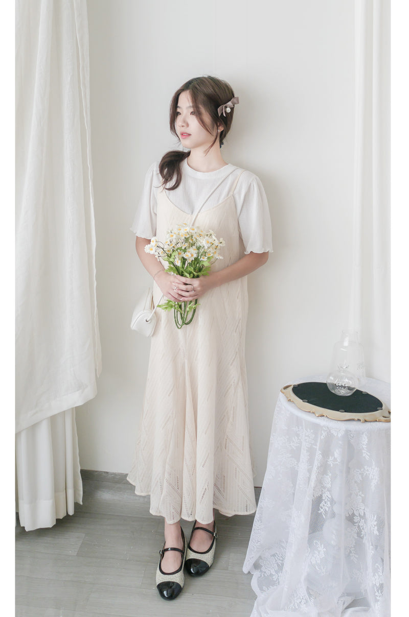 （高質布料款式) 通花菱格PATTERN精緻肩帶傘魚尾吊帶裙/ DS9656