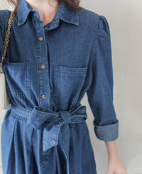 ! 熱賣款式 限量現貨 ✨(有口袋) Denim Pleated Dress 牛仔布隨性口袋前腰下車褶連身裙/ DS9661