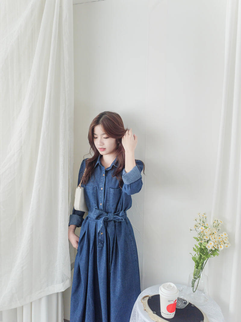 ! 熱賣款式 限量現貨 ✨(有口袋) Denim Pleated Dress 牛仔布隨性口袋前腰下車褶連身裙/ DS9661