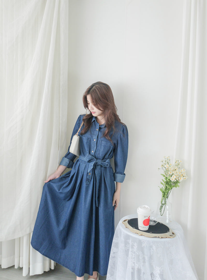 ! 熱賣款式 限量現貨 ✨(有口袋) Denim Pleated Dress 牛仔布隨性口袋前腰下車褶連身裙/ DS9661