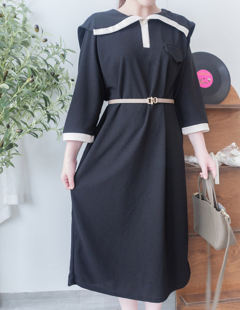 [限量現貨回歸]  French Collar Dress 黑白翻領設計中袖彈性連身裙/ DS9663