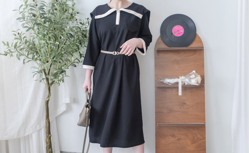 [限量現貨回歸]  French Collar Dress 黑白翻領設計中袖彈性連身裙/ DS9663