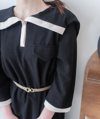 [限量現貨回歸]  French Collar Dress 黑白翻領設計中袖彈性連身裙/ DS9663