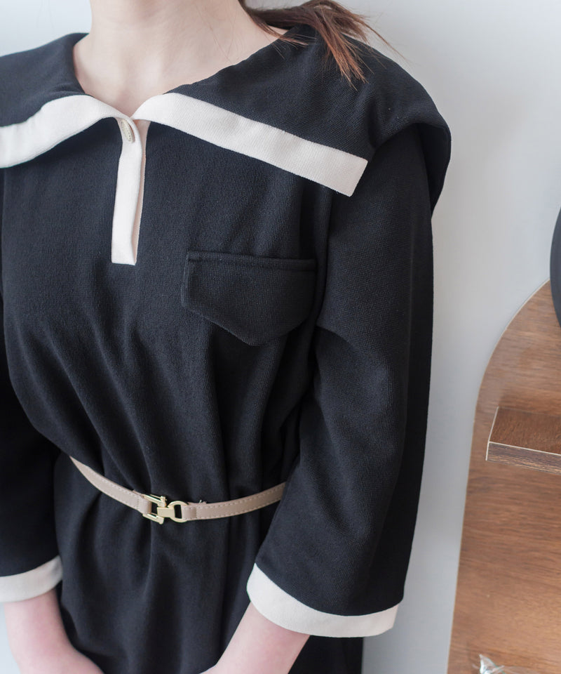 [限量現貨回歸]  French Collar Dress 黑白翻領設計中袖彈性連身裙/ DS9663