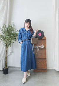 Denim OPS 隨性腰帶修腰連身牛仔裙/ DS9658