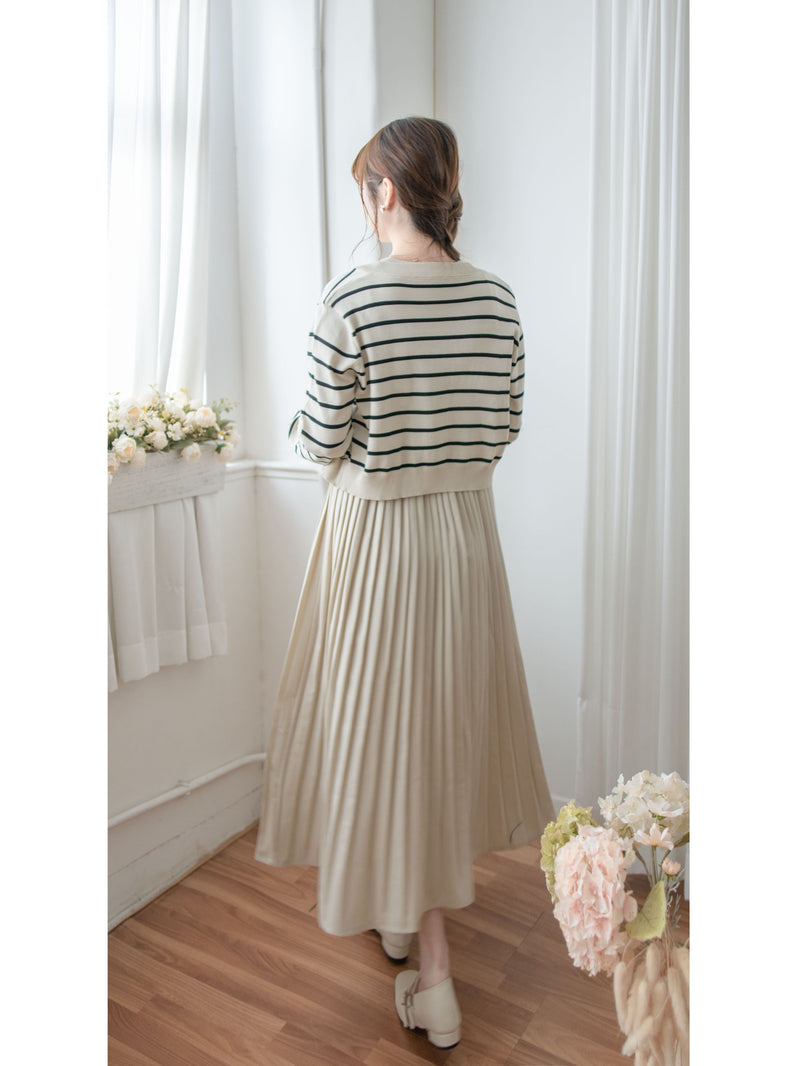 Stripe Dress Set 法式舒適防毛彈性線料外套及百褶連身裙/ SE8092 （pre-order)