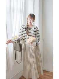 Stripe Dress Set 法式舒適防毛彈性線料外套及百褶連身裙/ SE8092 （pre-order)