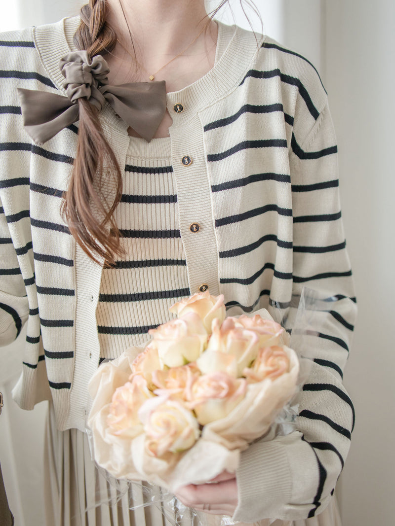 Stripe Dress Set 法式舒適防毛彈性線料外套及百褶連身裙/ SE8092 （pre-order)