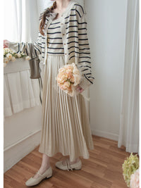 Stripe Dress Set 法式舒適防毛彈性線料外套及百褶連身裙/ SE8092 （pre-order)