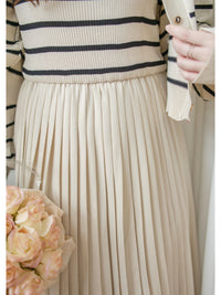 Stripe Dress Set 法式舒適防毛彈性線料外套及百褶連身裙/ SE8092 （pre-order)