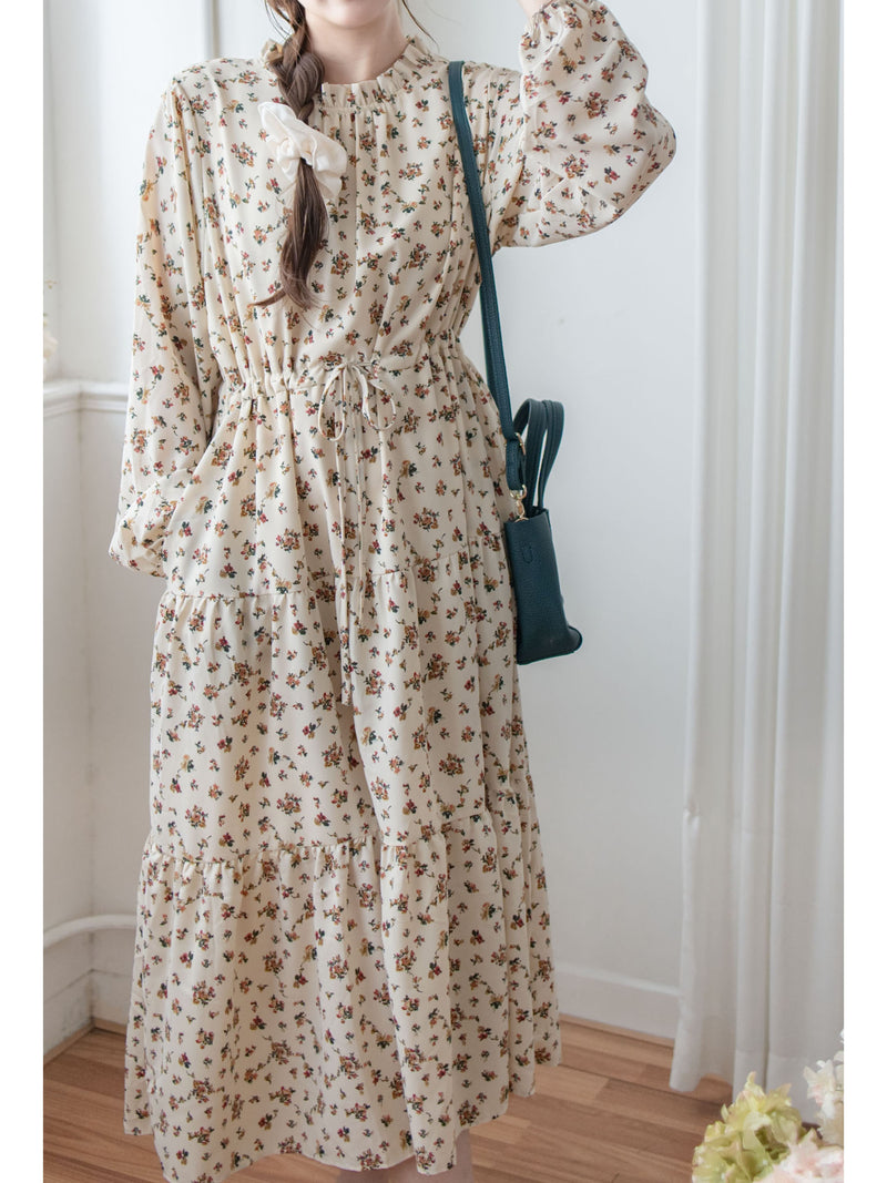 Lace Collar Floral Dress 細花邊圓領修腰印花連身裙/  DS1010