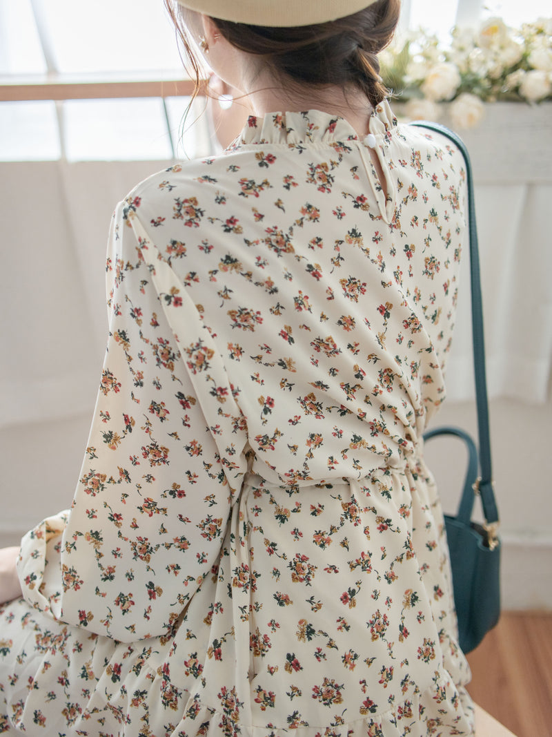 Lace Collar Floral Dress 細花邊圓領修腰印花連身裙/  DS1010