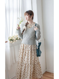 Lace Collar Floral Dress 細花邊圓領修腰印花連身裙/  DS1010