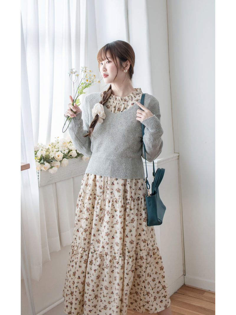 Lace Collar Floral Dress 細花邊圓領修腰印花連身裙/  DS1010
