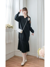 Knit Fishtail Dress 圓V領寬鬆裙身顯瘦魚尾針織連身裙/ DS1005