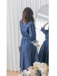 Casual Elegant Denim Dress 隨性與知性恤衫領修腰牛仔連身裙/ DS1011