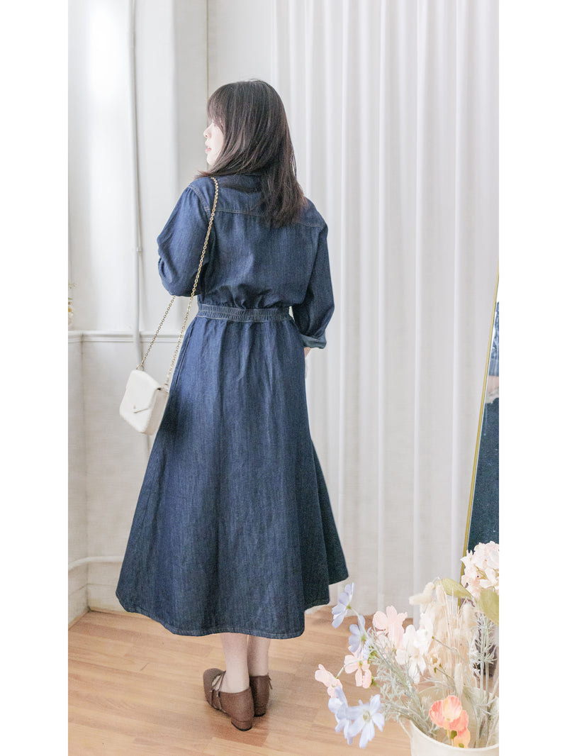 Casual Elegant Denim Dress 隨性與知性恤衫領修腰牛仔連身裙/ DS1011