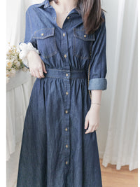 Casual Elegant Denim Dress 隨性與知性恤衫領修腰牛仔連身裙/ DS1011