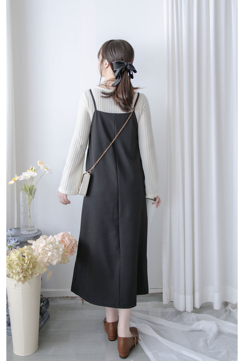 Vest Dress 可拆式腰帶中車線平領吊帶連身裙/ DS1017 (pre-order ivory 11月24截單)