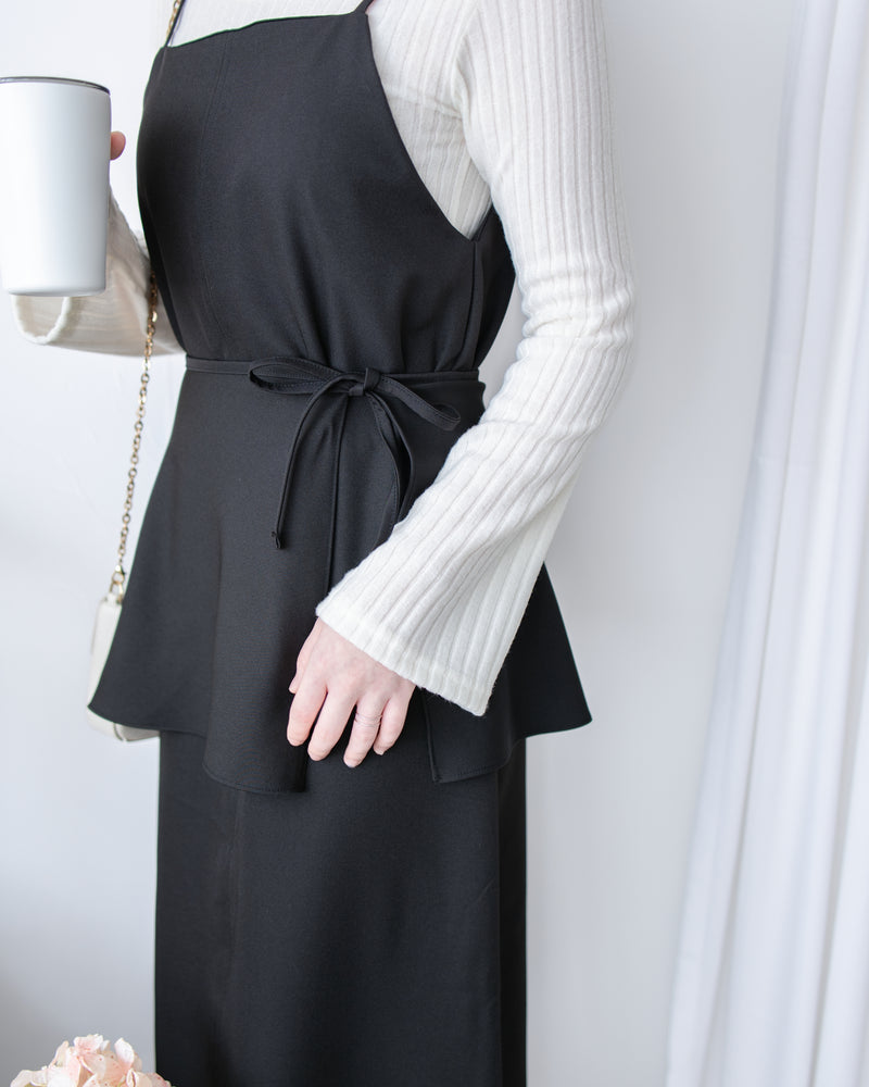 Vest Dress 可拆式腰帶中車線平領吊帶連身裙/ DS1017 (pre-order ivory 11月24截單)